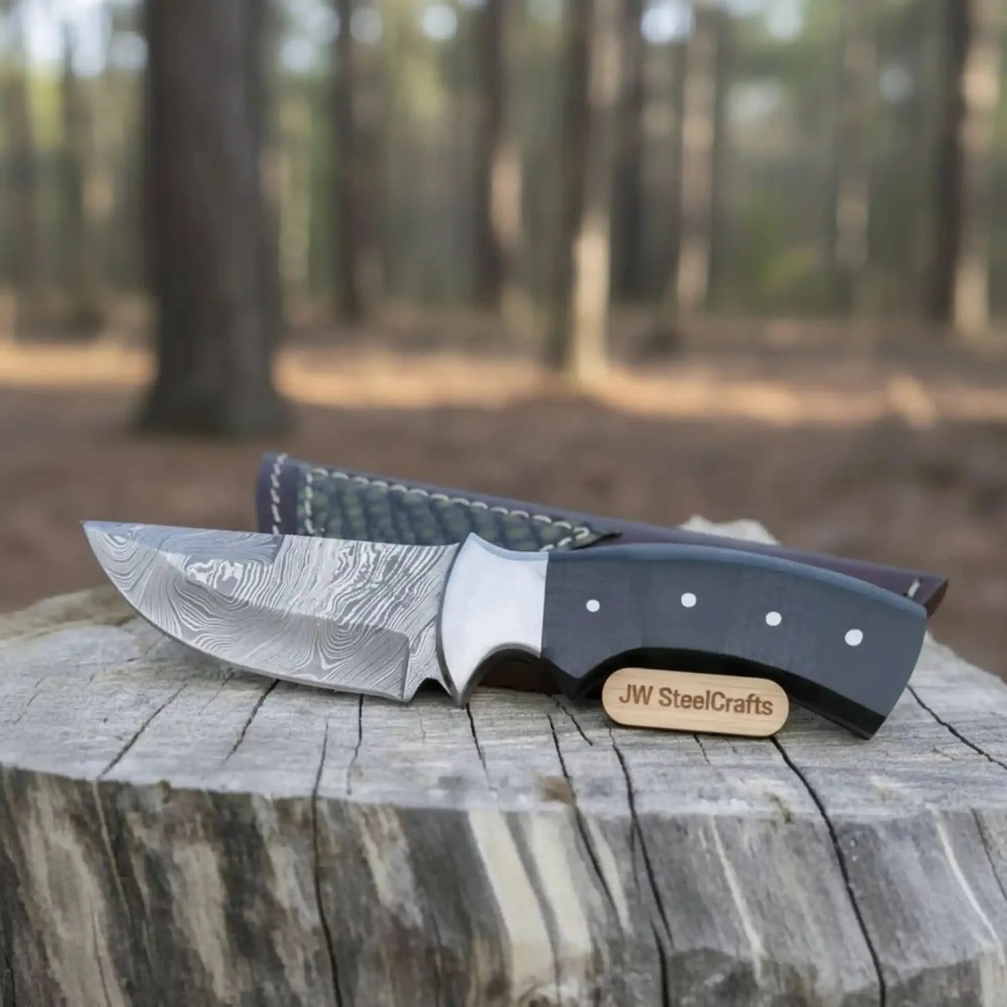Damascus Skinner Knife Green Black Micarta Handle 3 Inch Blade by JW SteelCrafts, Damascus knife main product photo