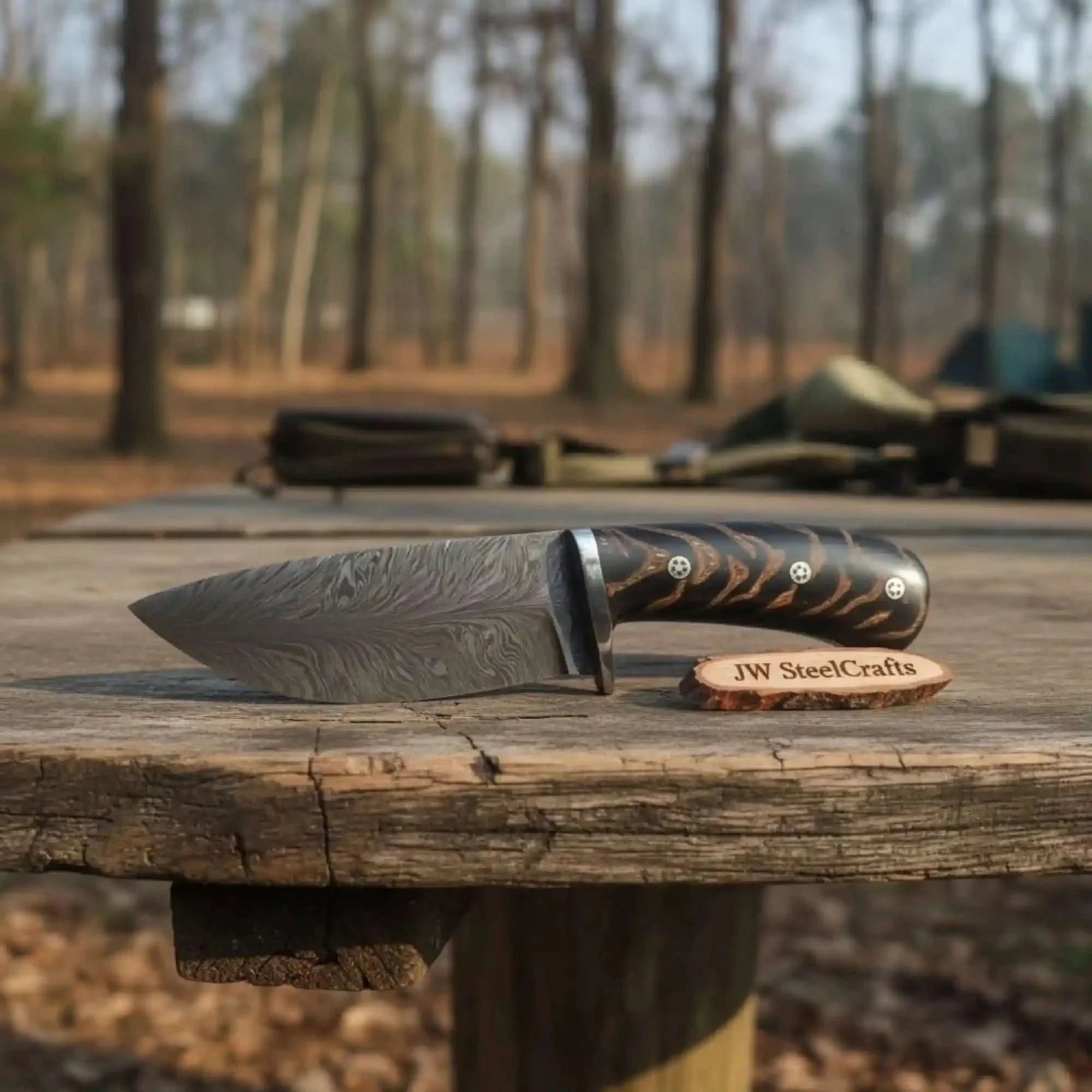 Bowie Knife Feather Damascus Blade Pinecone Handle Fixed Blade Hunting Knife by JW SteelCrafts, Damascus knife detail photo 2