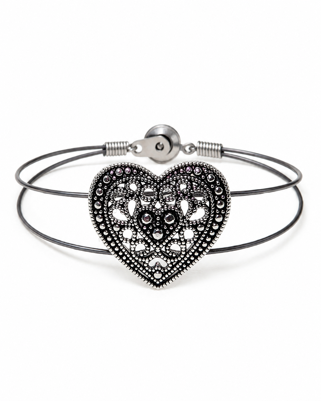 Silver bracelet with a heart-shaped clasp on a white background