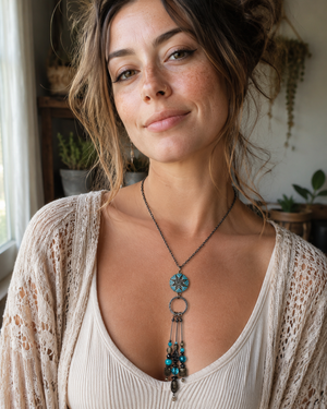 Woman wearing a necklace with a blue pendant indoors