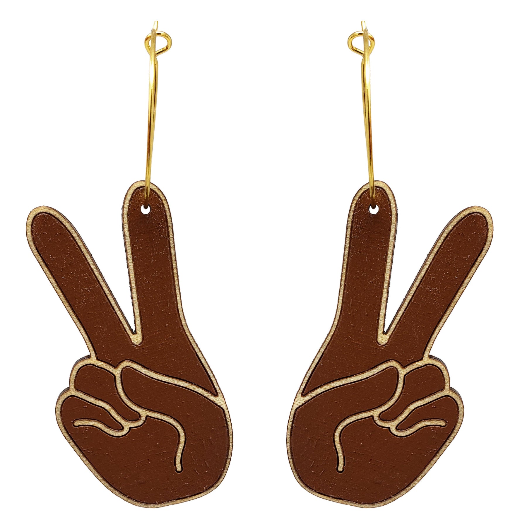 Additional view of Black Peace Sign Pride Hand Hoop Earrings hand painted on lightweight wood by LE CHIC MIAMI