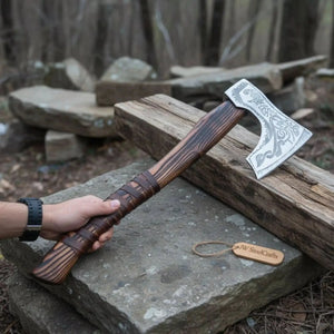 Hand Forged Carbon Steel Viking Axe with Carved Ash Wood Handle and Leather Grip