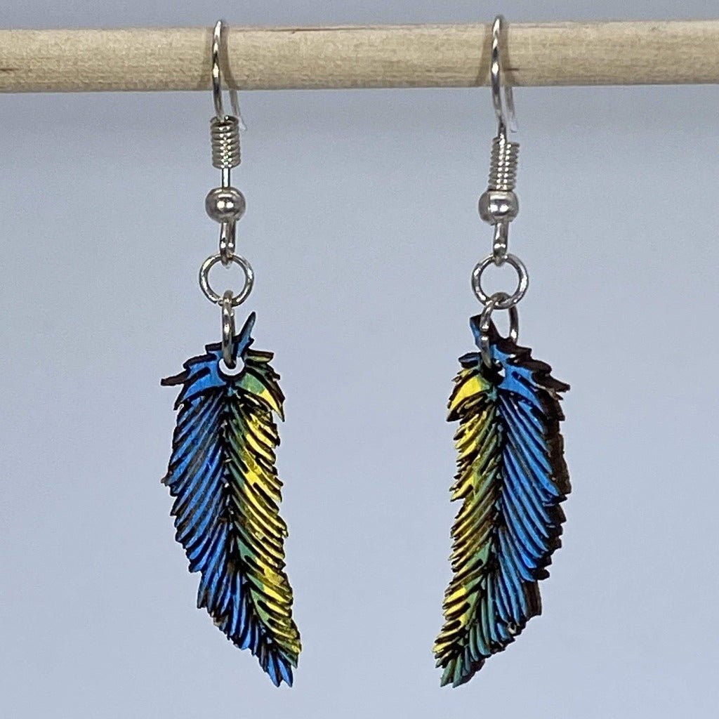 Feather Wooden Earrings | Blue Yellow Boho Jewelry