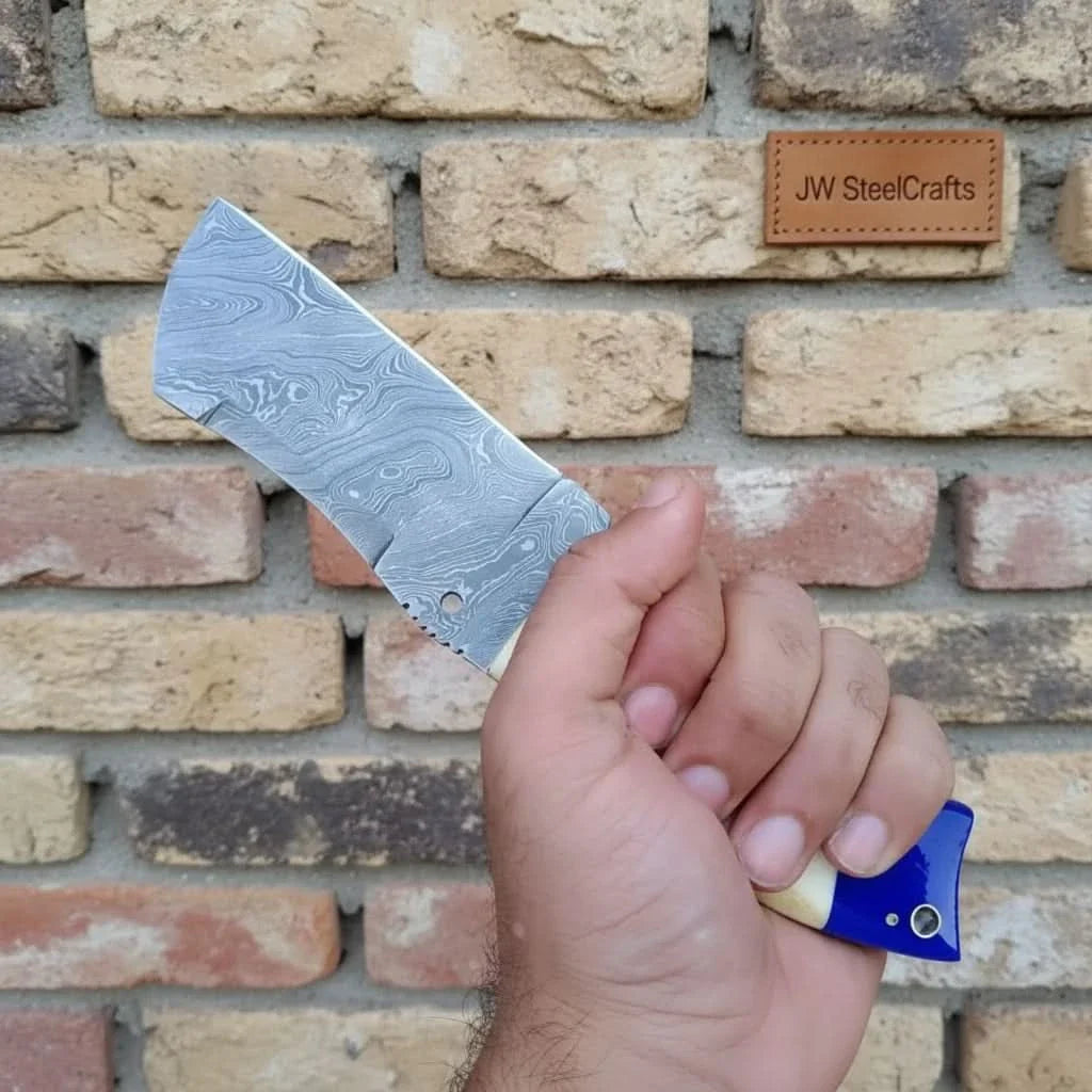 Handmade Damascus Tanto Knife with Bone and Blue Resin Handle, Fixed Blade Outdoor Utility Knife by JW SteelCrafts, Damascus knife main product photo