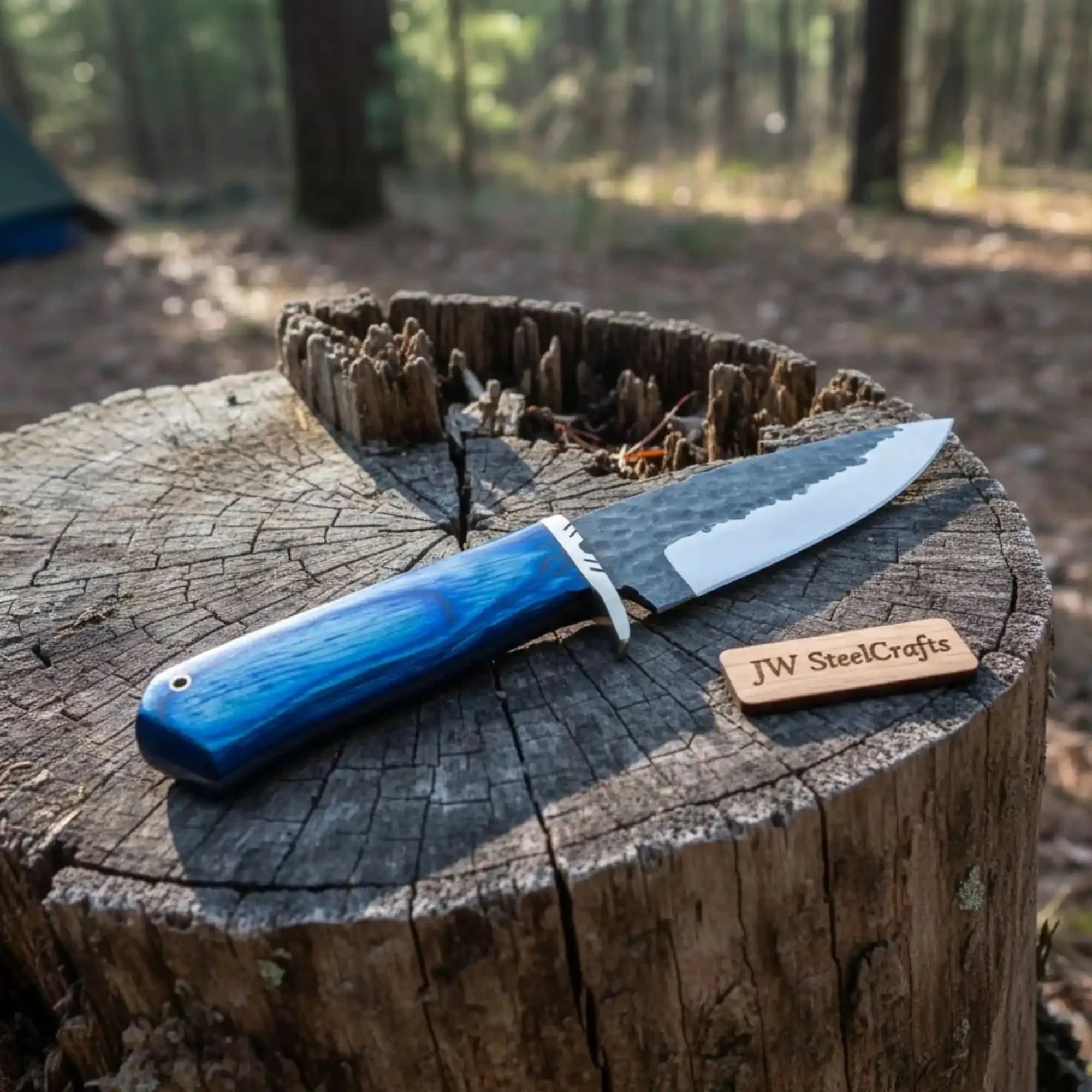 Hammered Drop Point Hunting Knife Blue Pakka wood Handle Fixed Blade by JW SteelCrafts, Damascus knife main product photo