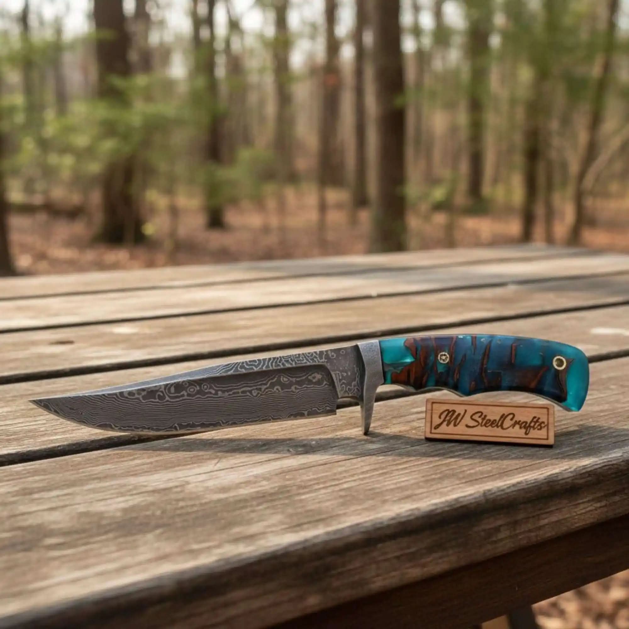 Handmade Damascus Clip Point Bowie Knife with Resin Handle | JW SteelCrafts by JW SteelCrafts, Damascus knife main product photo