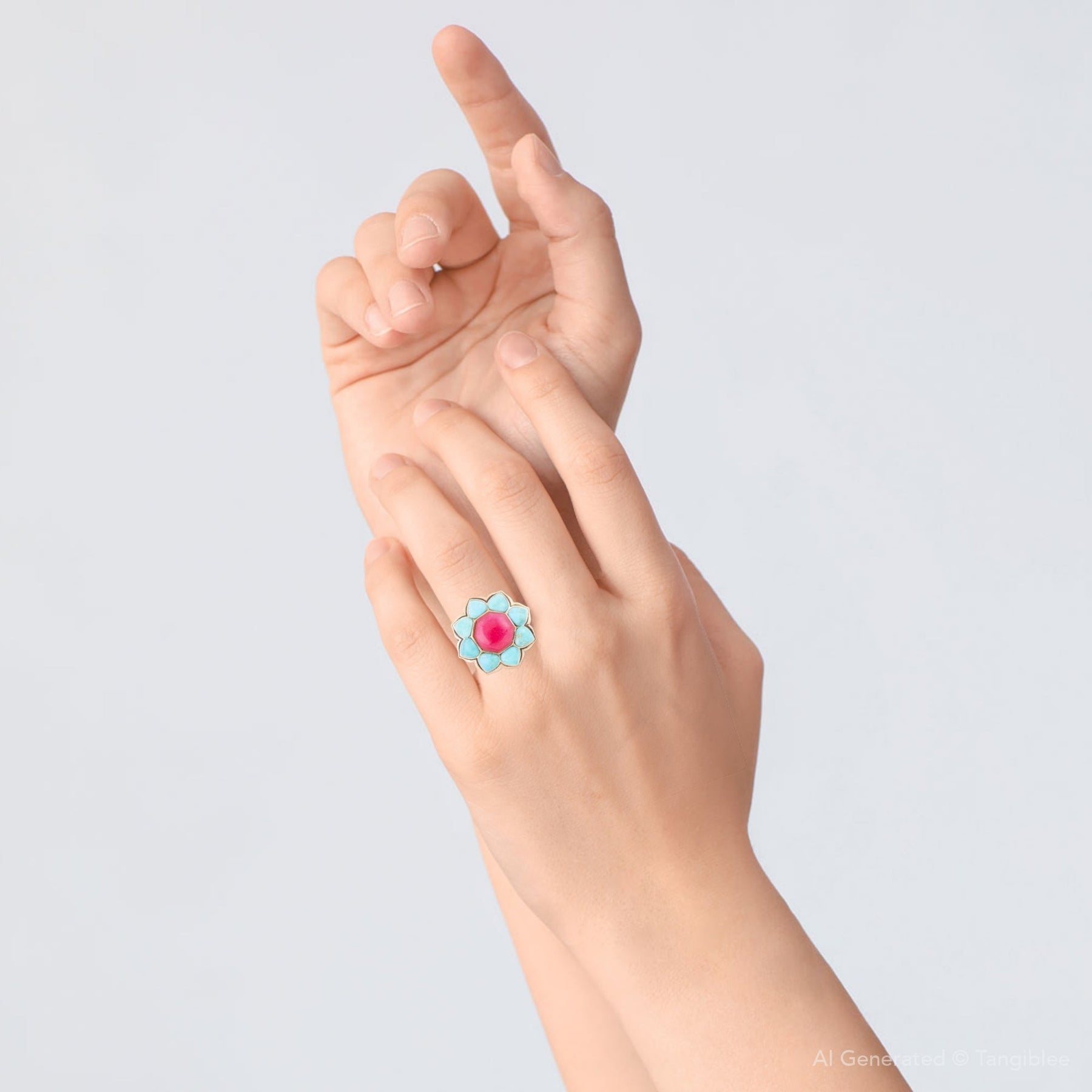 Blue Turquoise and Red Quartz Flower Golden Ring