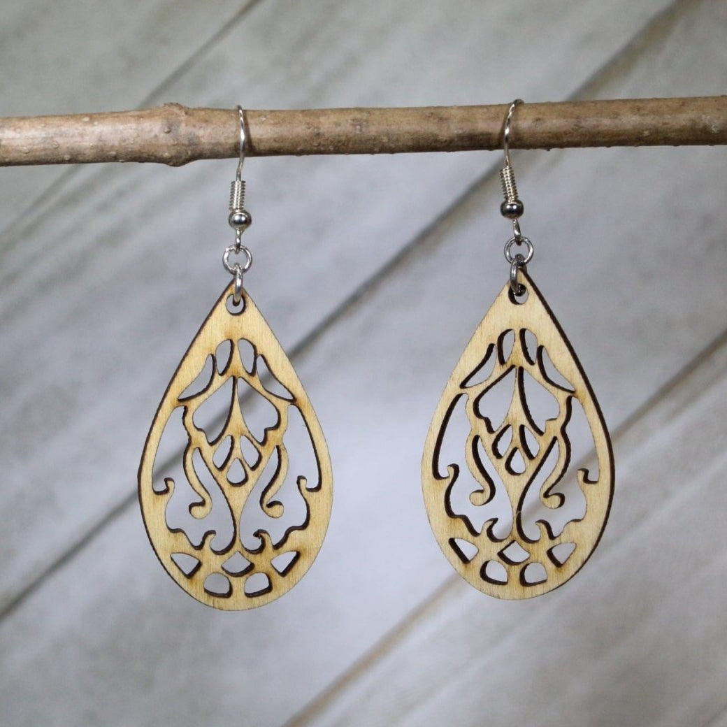 Filigree Teardrop Wooden Earrings | Boho Lace Cutout Jewelry