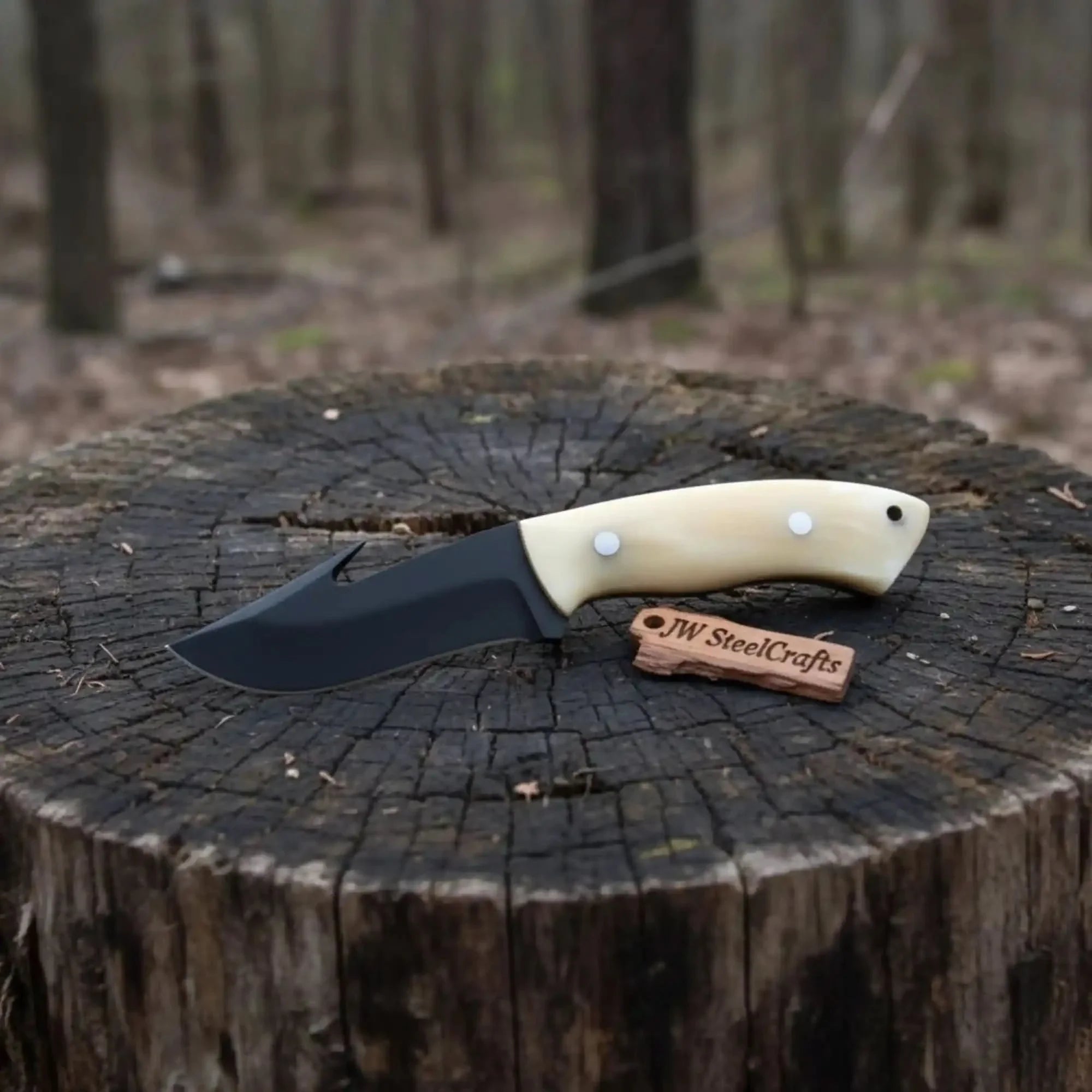 Gut Hook Skinner Knife Black Coated Blade Bone Handle 3.5 Inch Fixed Blade Hunting Knife by JW SteelCrafts, Damascus knife main product photo