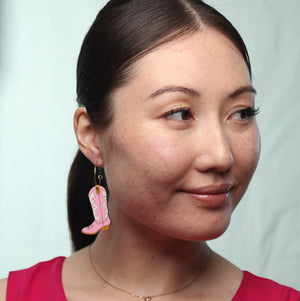 Additional view of Pink Cowgirl Boot Hoop Earrings hand painted on lightweight wood by LE CHIC MIAMI