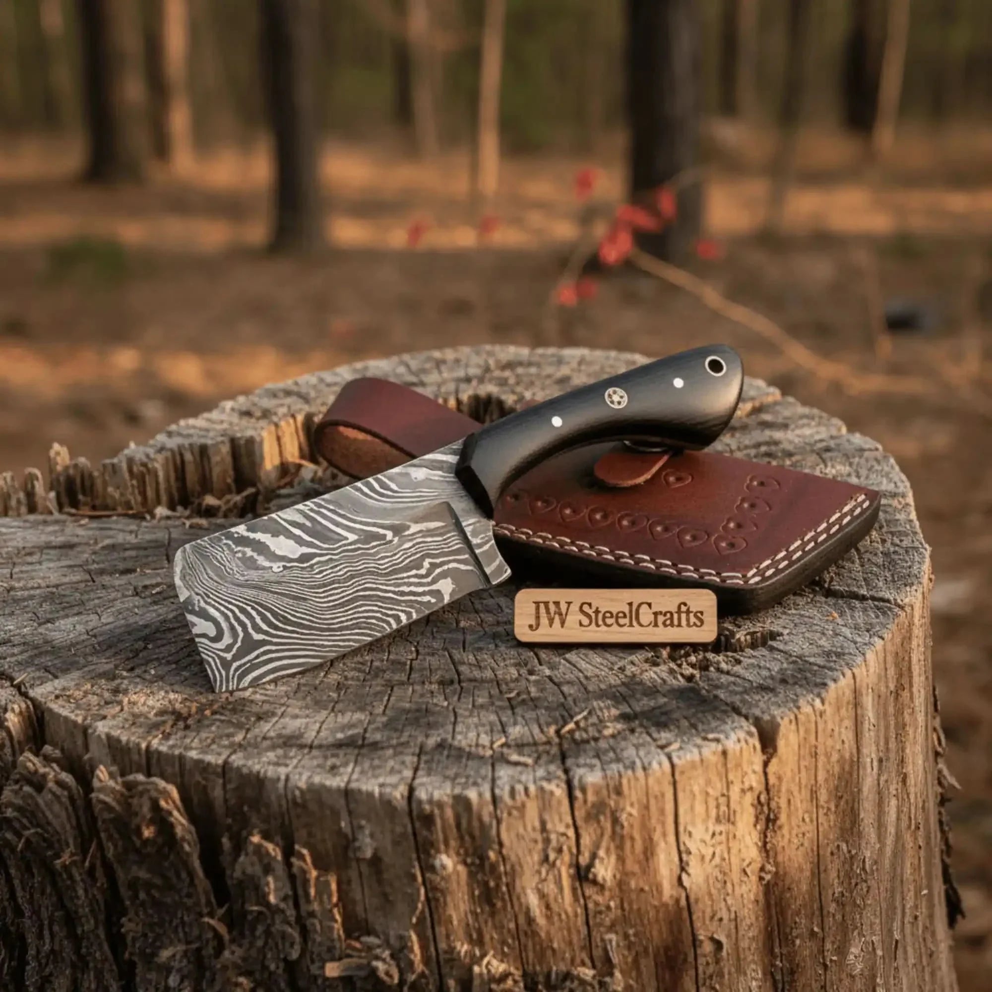 Custom Forged Damascus Mini Butcher Cleaver — Full Tang Black Handle with Leather Sheath by JW SteelCrafts, leather knife sheath main product photo