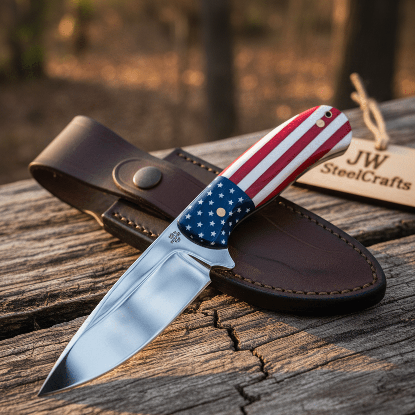Handmade Drop Point Hunting Knife – High Polish Bearing Steel Blade, USA Flag Handle, Full Tang Fixed Blade by JW SteelCrafts, Damascus knife detail photo 2