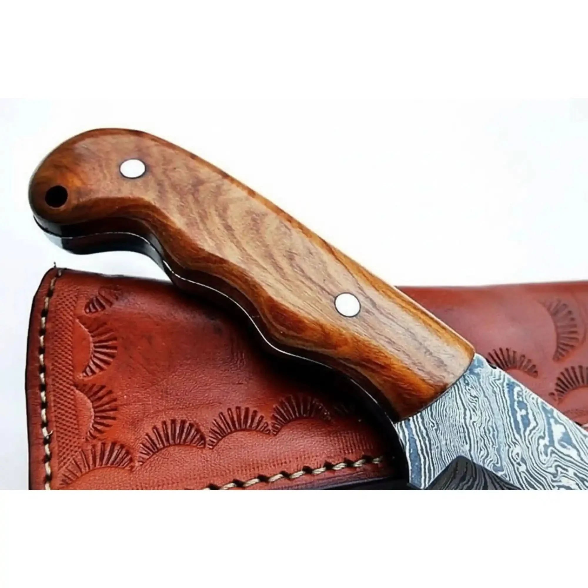 Damascus Drop Point Skinner Knife 3 Inch Blade Rosewood Handle Fixed Blade With Leather Sheath by JW SteelCrafts, leather knife sheath detail photo 2