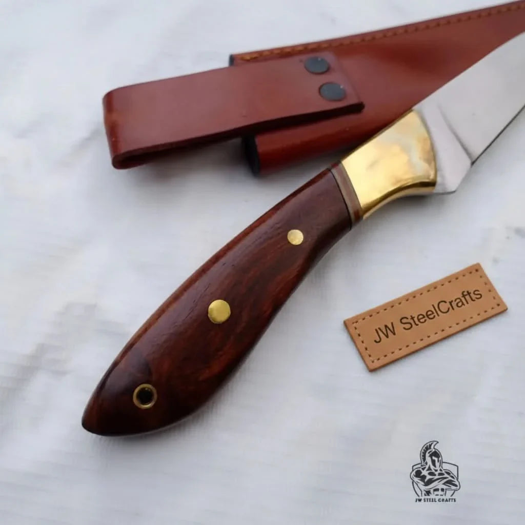 Handmade Full Tang Fillet Knife, 11 inch, Curved Blade, Rosewood Handle by JW SteelCrafts, Damascus knife detail photo 2