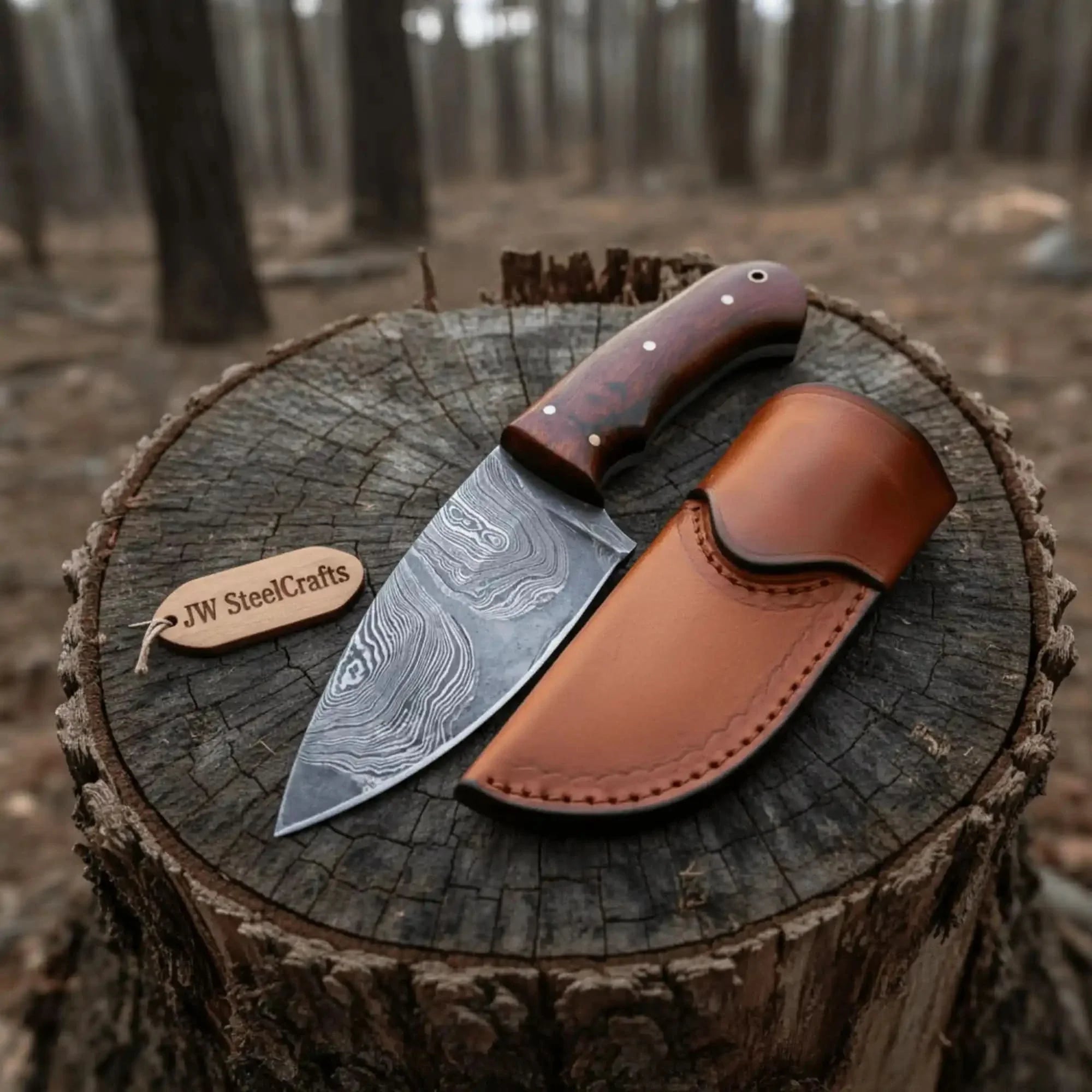 Damascus Skinner Knife 6” Fixed Blade rose wood Handle by JW SteelCrafts, Damascus knife main product photo