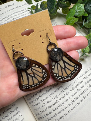 Butterfly Wing and Black Rutile Quartz Earrings