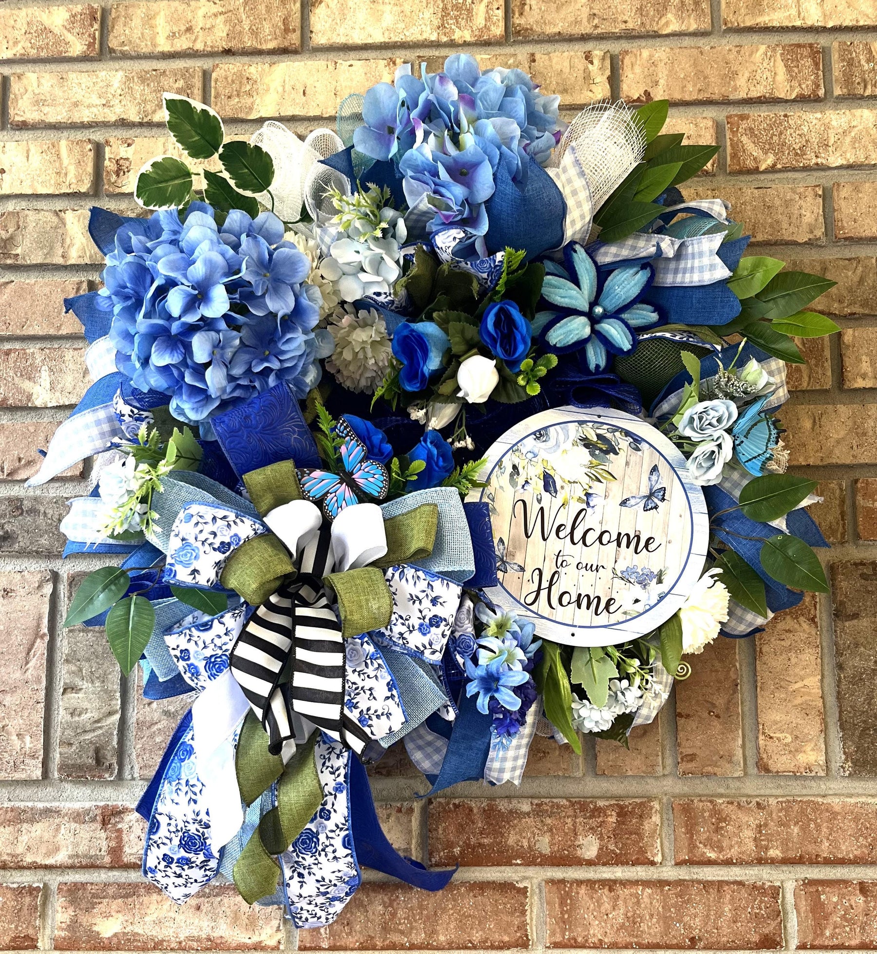 Blue Hydrangea Welcome Wreath | Front Door Decor by Bouge Creations, view 4