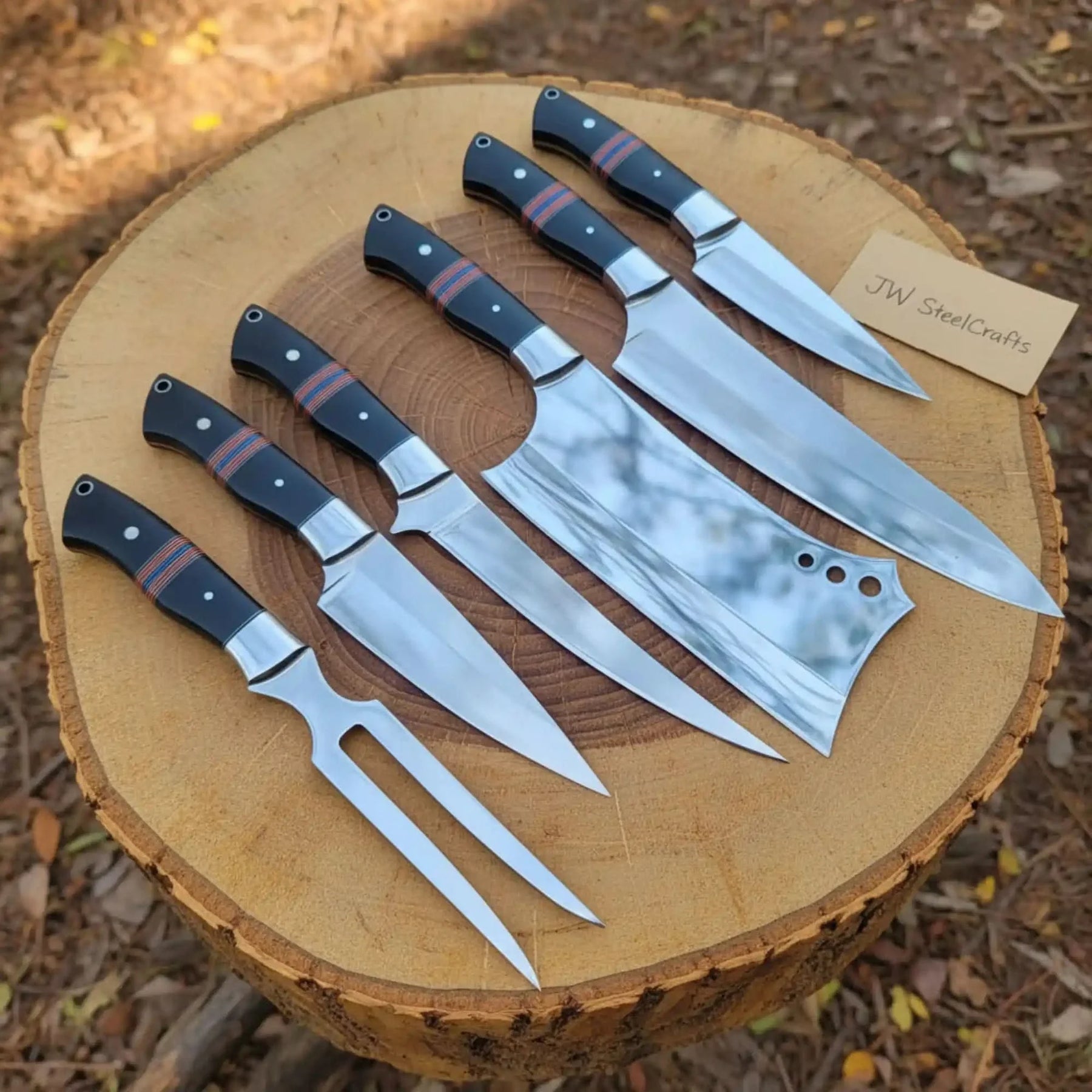6-Piece J2 Steel Kitchen Knife Set — Chef, Cleaver, Santoku, Utility, Paring & Carving Fork with Black Resin Rosewood Handles by JW SteelCrafts, Damascus knife detail photo 4