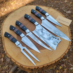 6-Piece J2 Steel Kitchen Knife Set — Chef, Cleaver, Santoku, Utility, Paring & Carving Fork with Black Resin Rosewood Handles by JW SteelCrafts, Damascus knife detail photo 4