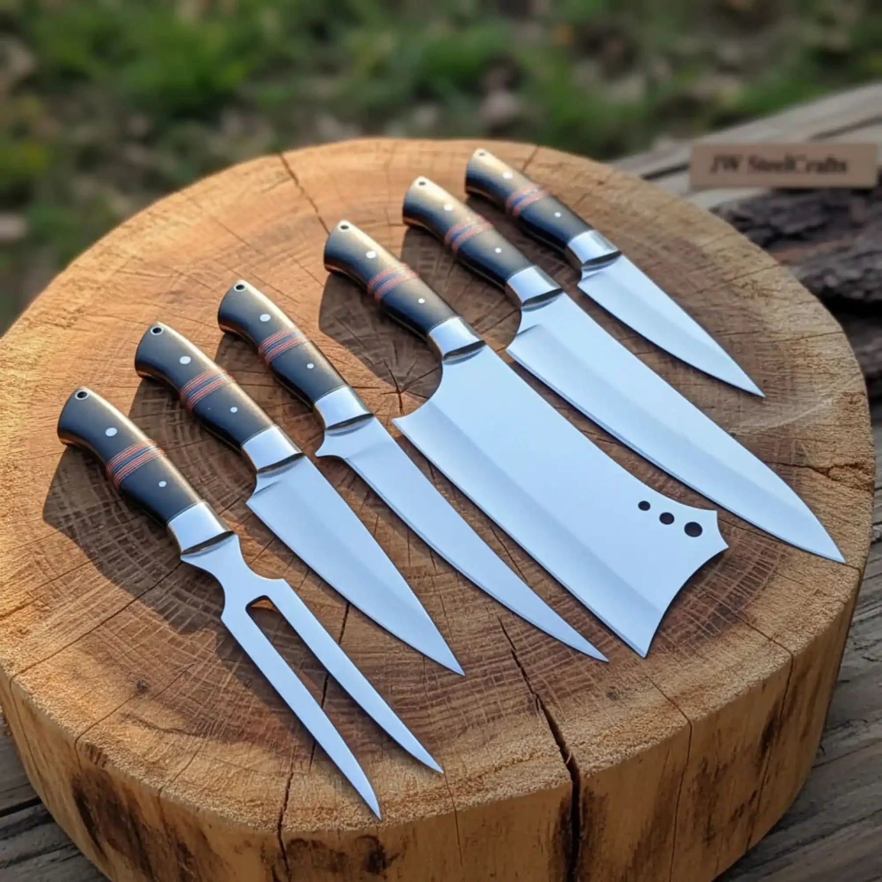 6-Piece J2 Steel Kitchen Knife Set — Chef, Cleaver, Santoku, Utility, Paring & Carving Fork with Black Resin Rosewood Handles by JW SteelCrafts, Damascus knife main product photo