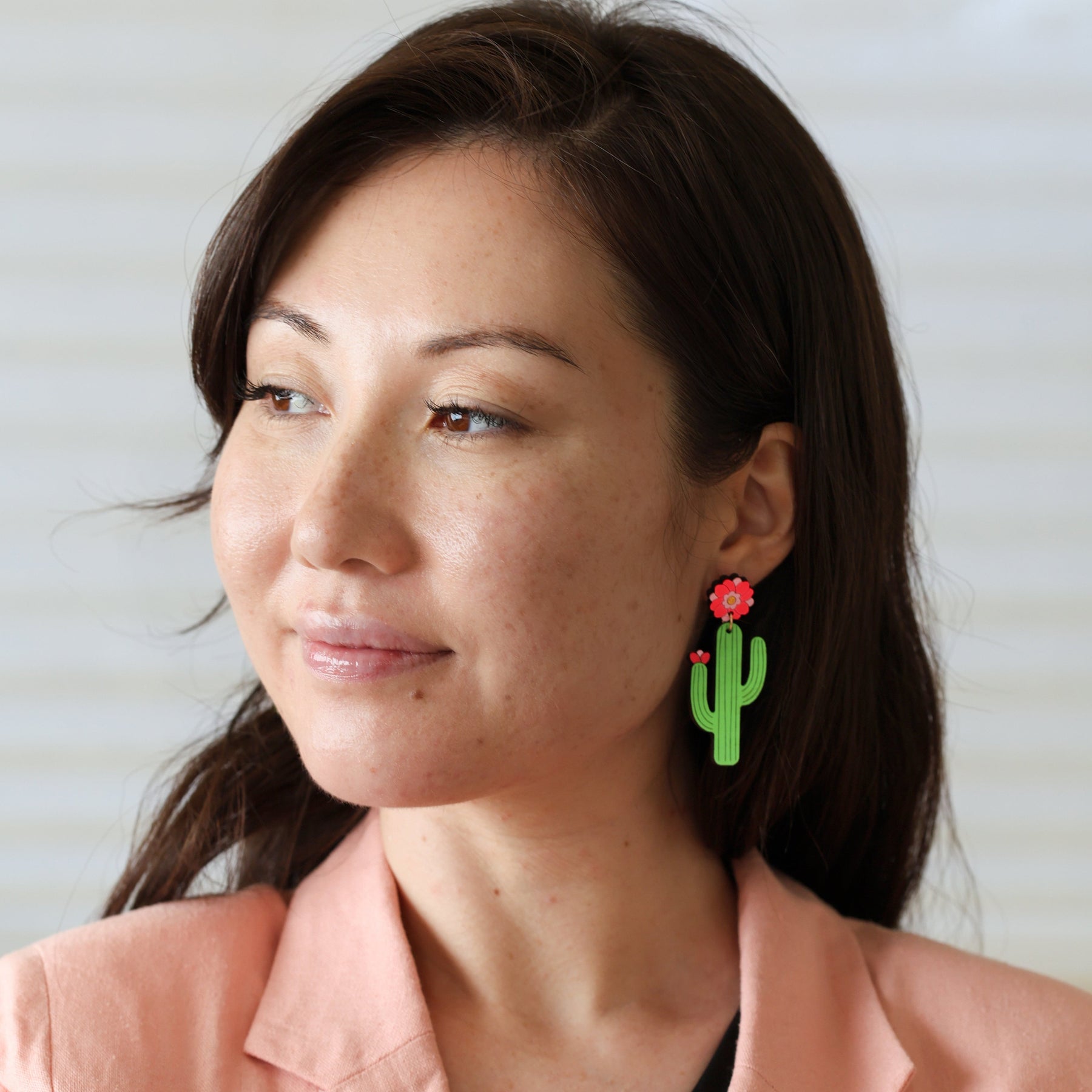 Additional view of Saguaro Cactus Earrings hand painted on lightweight wood by LE CHIC MIAMI