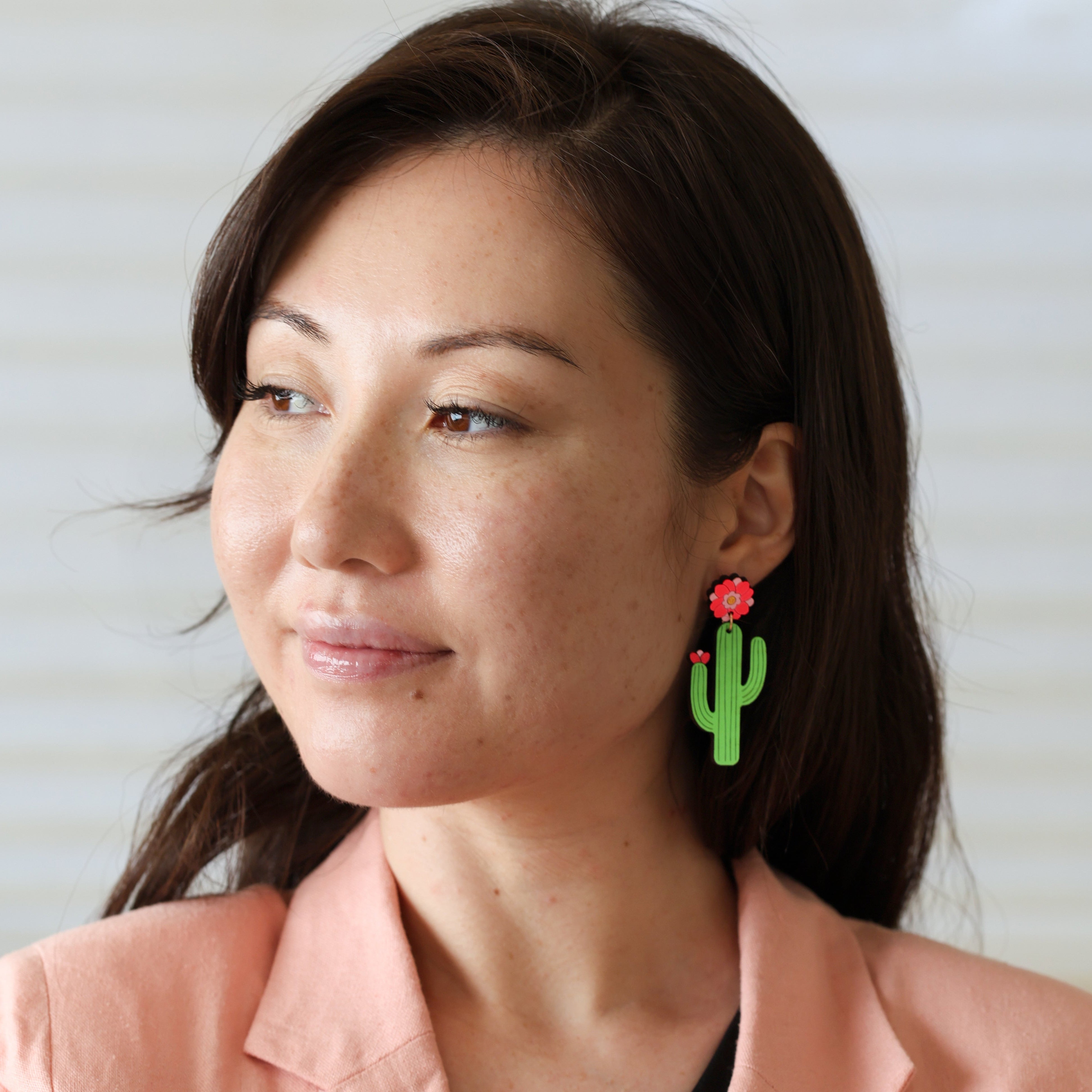 Additional view of Saguaro Cactus Earrings hand painted on lightweight wood by LE CHIC MIAMI