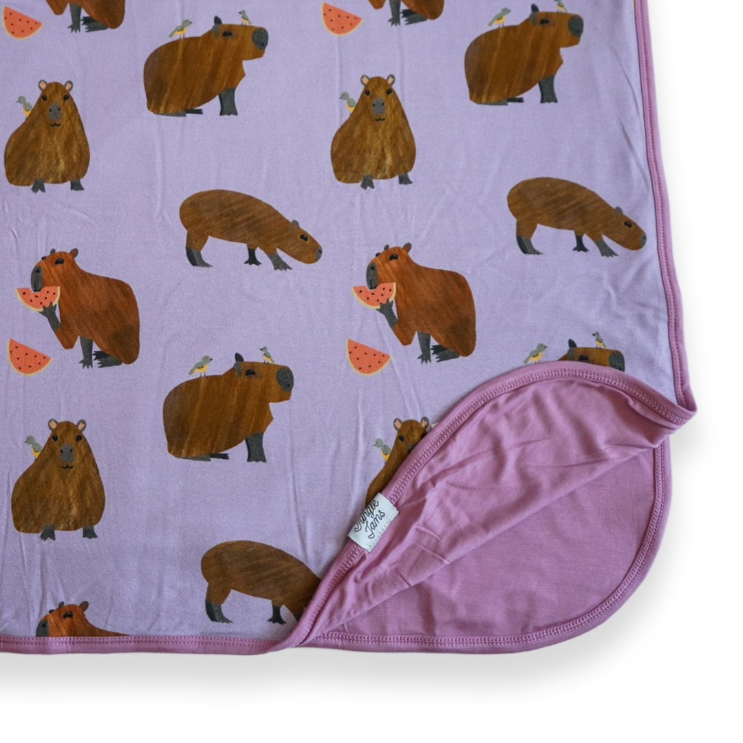 Capybara reversible bamboo blanket with hand drawn animal print