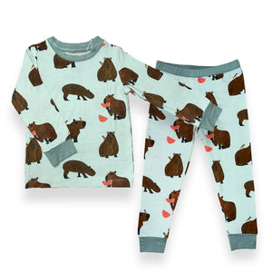 Capybara bamboo two piece pajamas for kids with hand drawn animal print