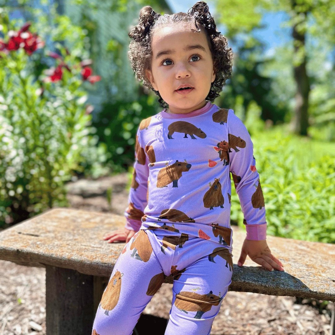 Additional view of Capybara bamboo two piece pajamas for kids with hand drawn animal print