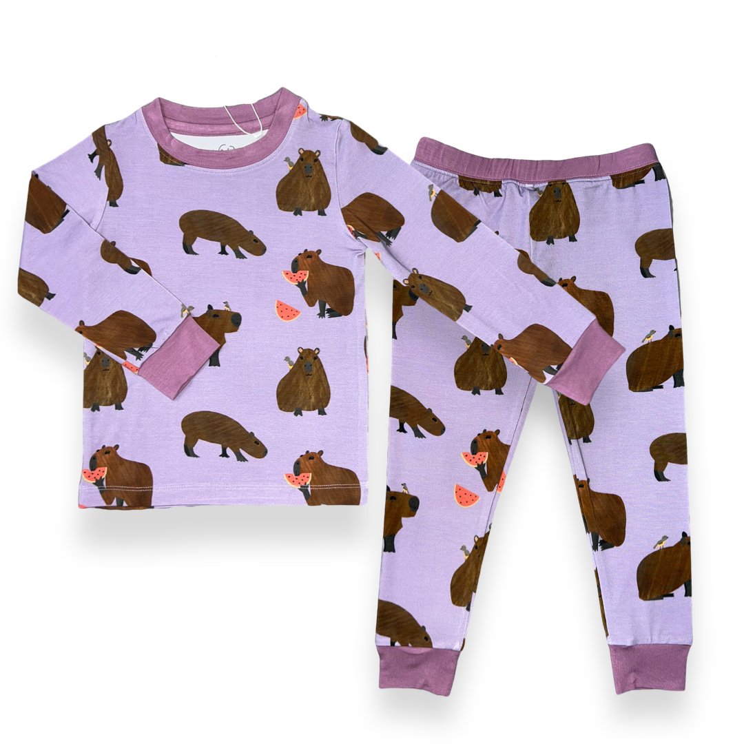 Additional view of Capybara bamboo two piece pajamas for kids with hand drawn animal print