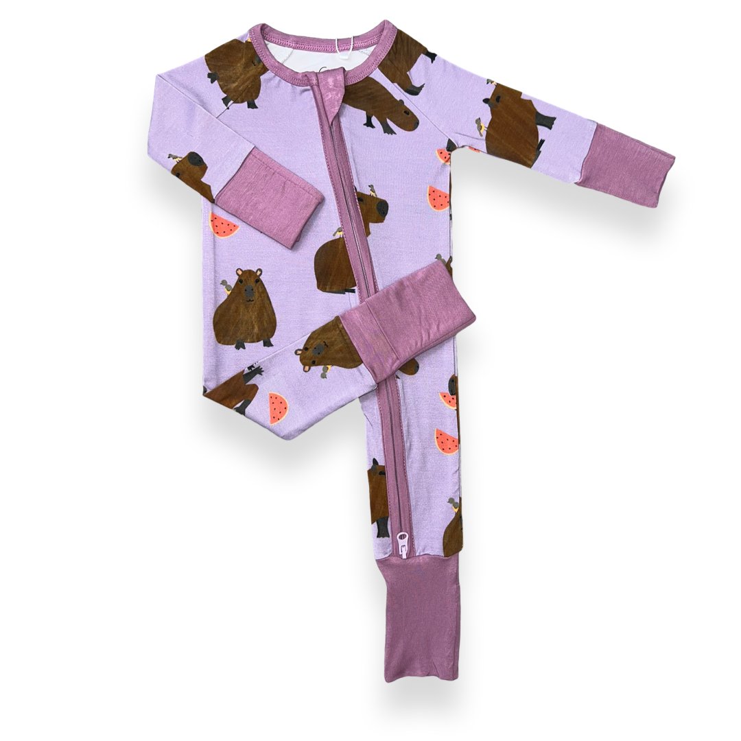 Additional view of Capybara bamboo baby zip pajamas with hand drawn animal print