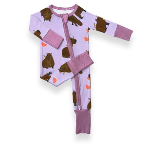 Additional view of Capybara bamboo baby zip pajamas with hand drawn animal print