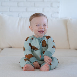 Additional view of Capybara bamboo baby zip pajamas with hand drawn animal print