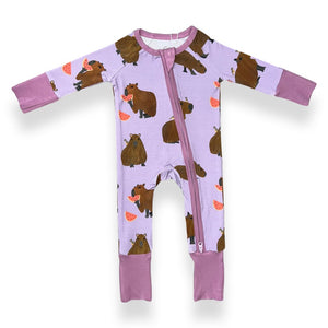 Additional view of Capybara bamboo baby zip pajamas with hand drawn animal print