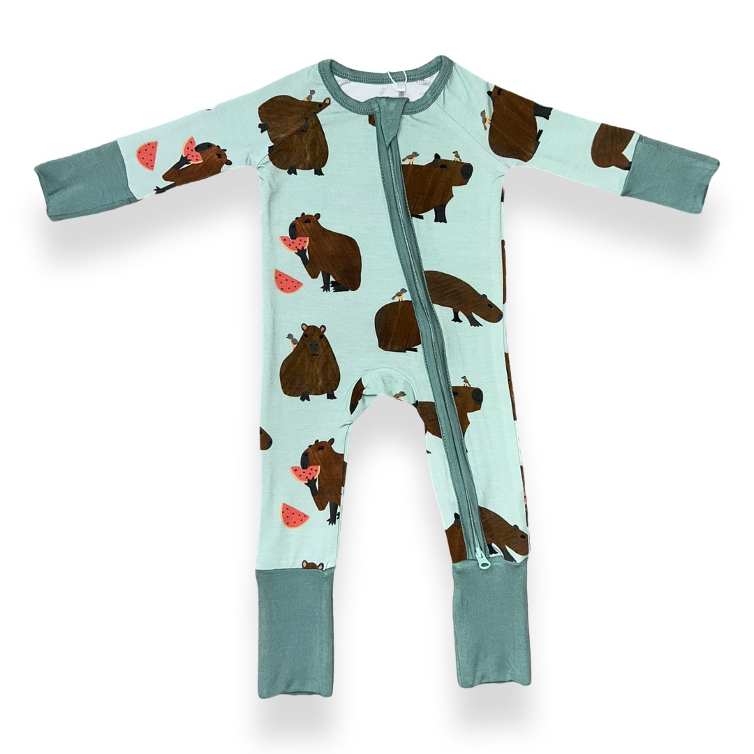 Additional view of Capybara bamboo baby zip pajamas with hand drawn animal print
