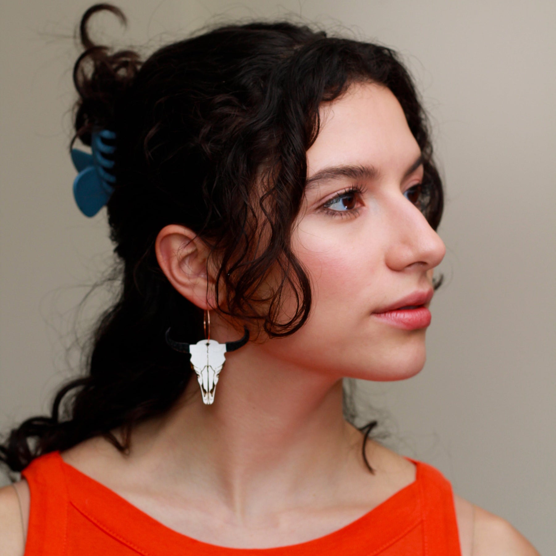 Additional view of Bison Skull Hoop Earrings hand painted on lightweight wood by LE CHIC MIAMI