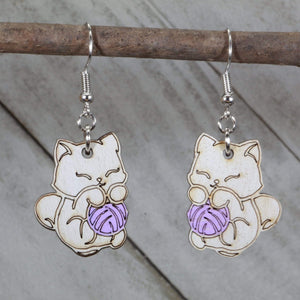 Cat and Yarn Wooden Earrings | Cute Cat Lover Pet Jewelry