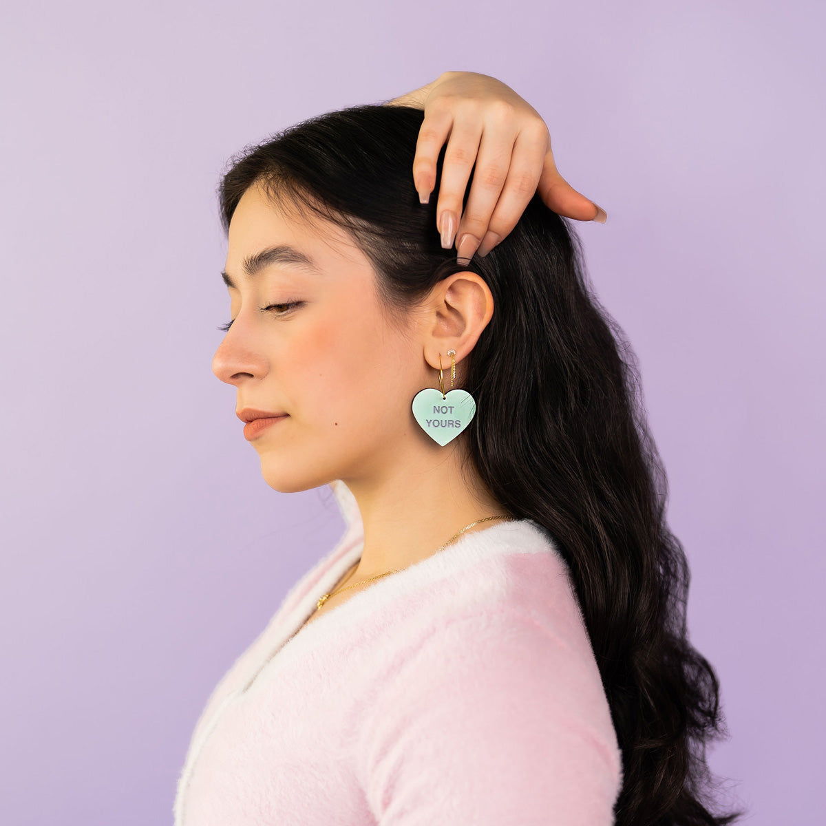 Additional view of Self Love Conversation Heart Hoop Earrings hand painted on lightweight wood by LE CHIC MIAMI