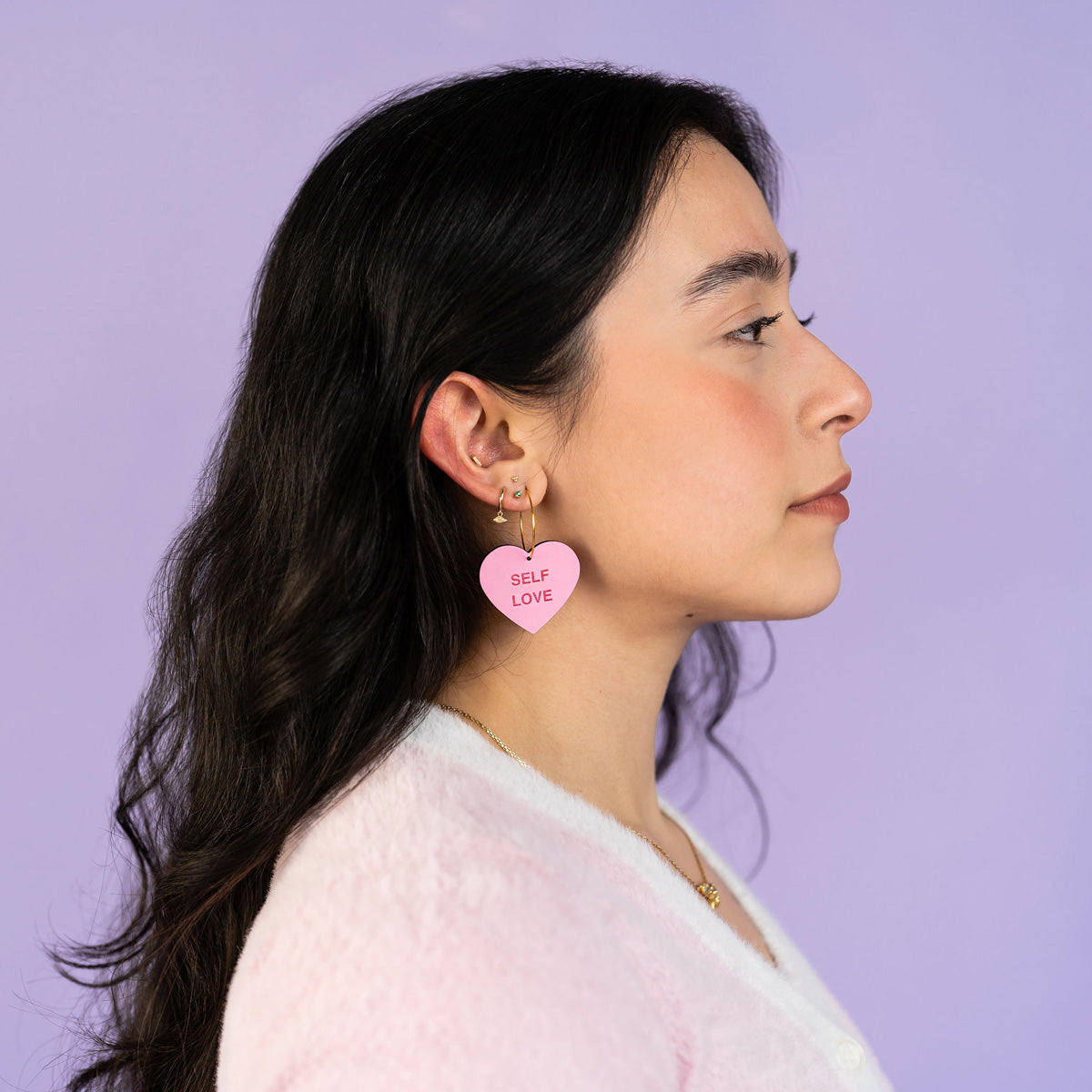 Additional view of Self Love Conversation Heart Hoop Earrings hand painted on lightweight wood by LE CHIC MIAMI