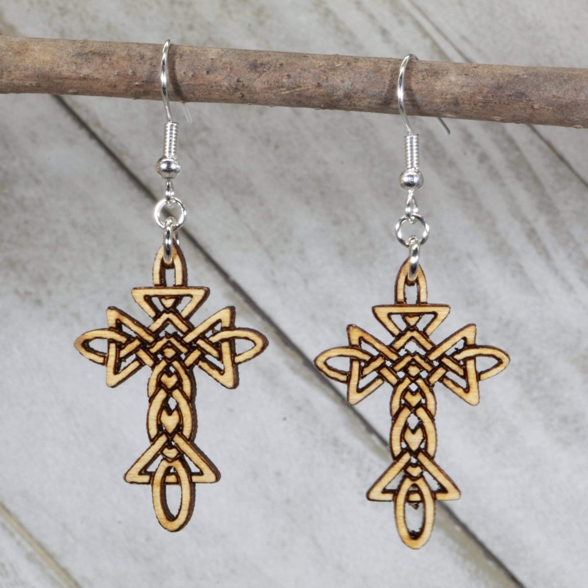 Celtic Knot Cross Wooden Dangle Earrings | Christian Jewelry
