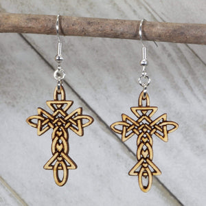 Celtic Knot Cross Wooden Dangle Earrings | Christian Jewelry