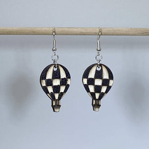 Checkered Hot Air Balloon Wooden Dangle Earrings | Travel Jewelry