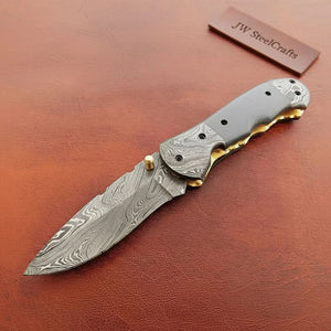 Handmade Damascus Folding Knife with Gray Micarta Handle, Custom Pocket Knife, EDC Damascus Folder by JW SteelCrafts
