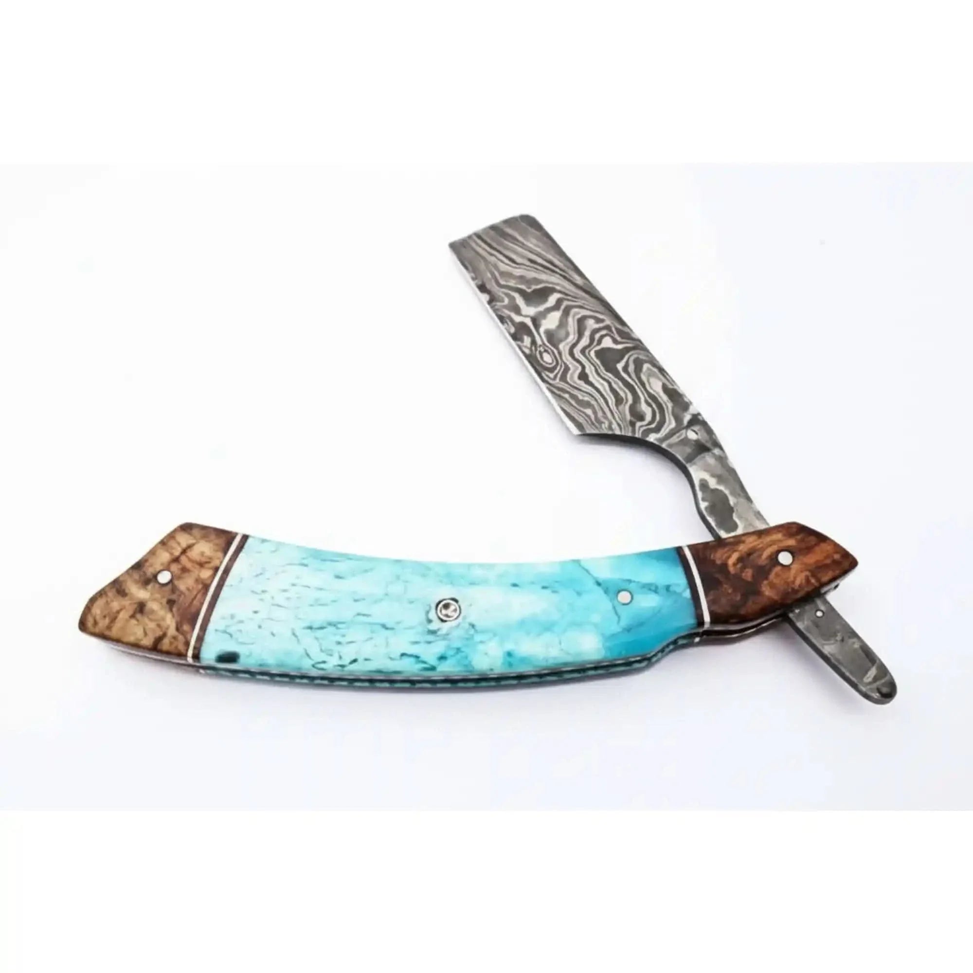 Classic Western Damascus Straight Barber Razor with Blue Bone and Rosewood Handle by JW SteelCrafts, Southern handmade gift detail photo 2