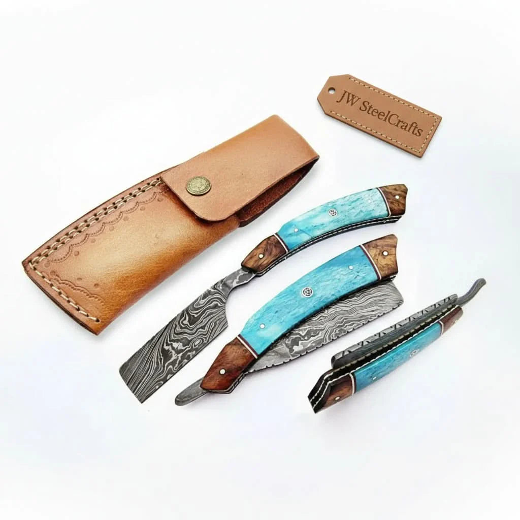 Classic Western Damascus Straight Barber Razor with Blue Bone and Rosewood Handle by JW SteelCrafts, Southern handmade gift main product photo