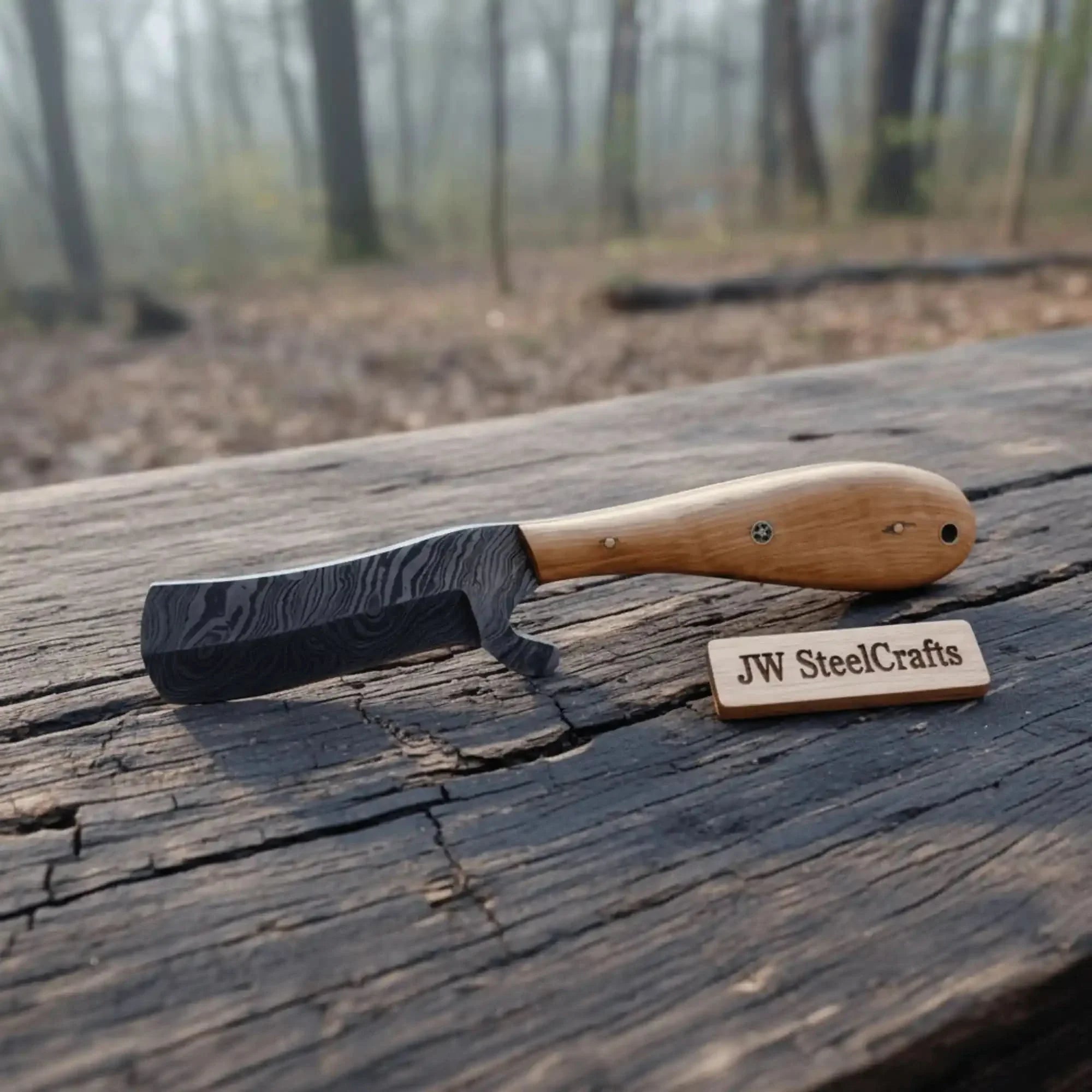 Damascus Bull Cutter Knife Twisted Steel Olive Wood Handle by JW SteelCrafts, Damascus knife main product photo