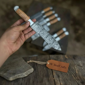 7-Piece Handmade Damascus Chef Knife Set with Wood Handles (Professional Kitchen Set)