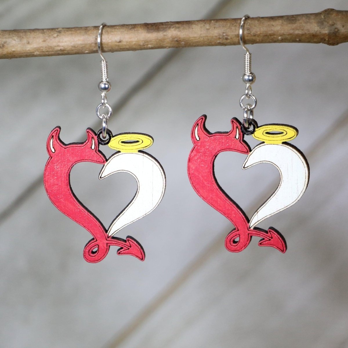 Angel Devil Heart Wooden Earrings | Gothic Love Jewelry