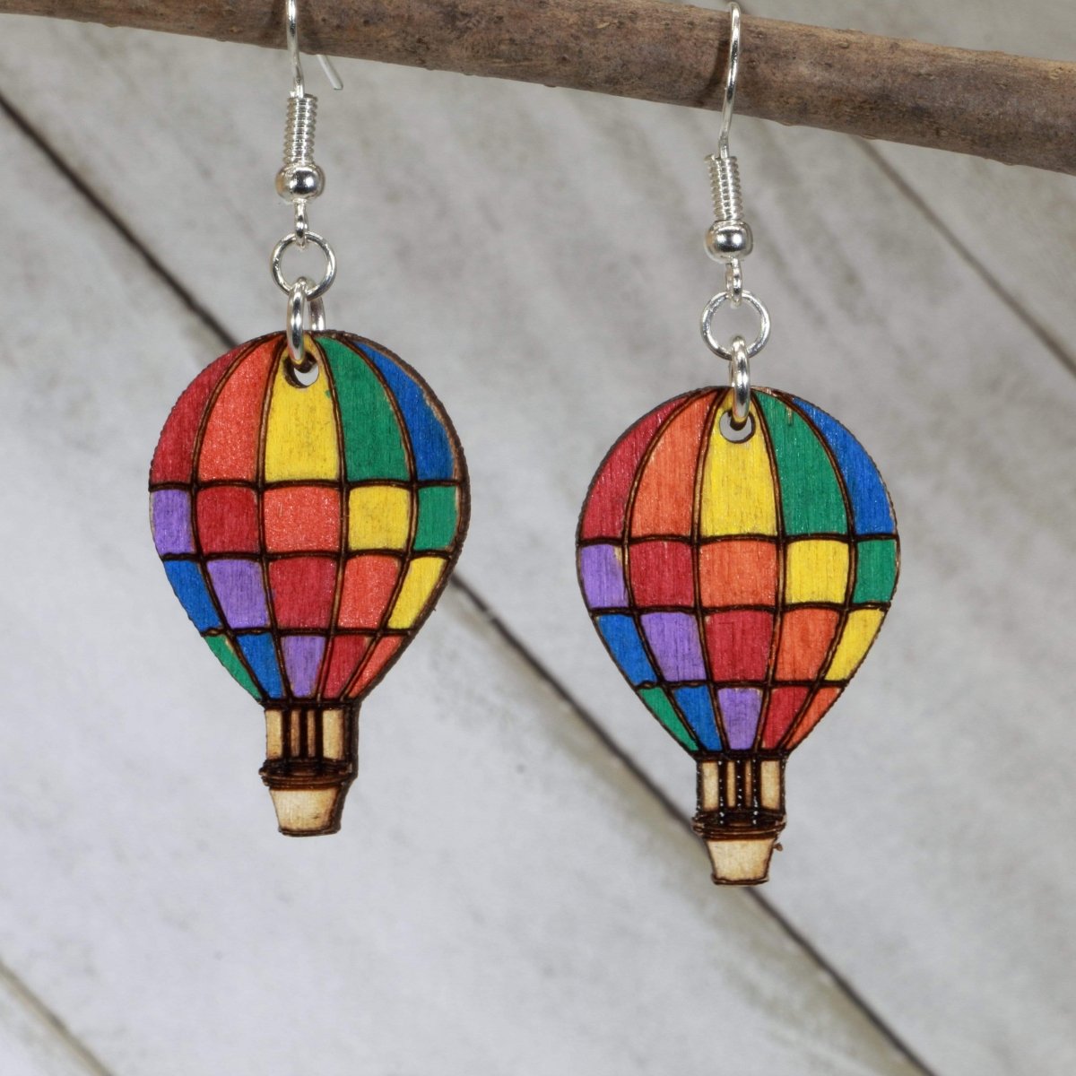 Rainbow Hot Air Balloon Wooden Dangle Earrings | Travel Jewelry