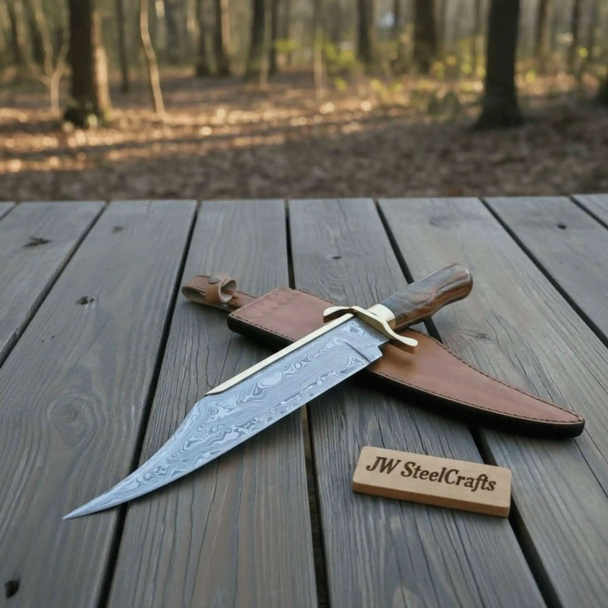 Sheffield Bowie Knife Clip Point Brass Guard Mirror Polish or Damascus Blade by JW SteelCrafts, Damascus knife main product photo
